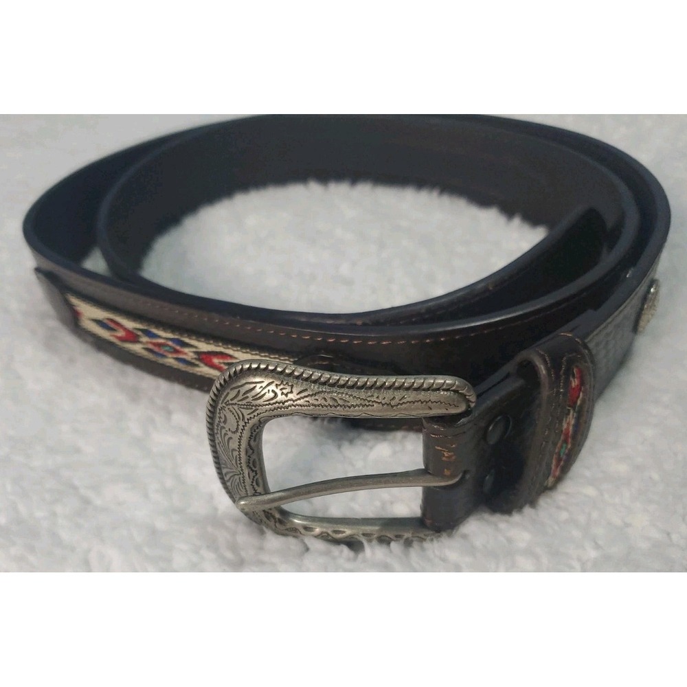 VTG Western Embroidered Belt Mens 55" 2XL  Native American Black Leather Buckle